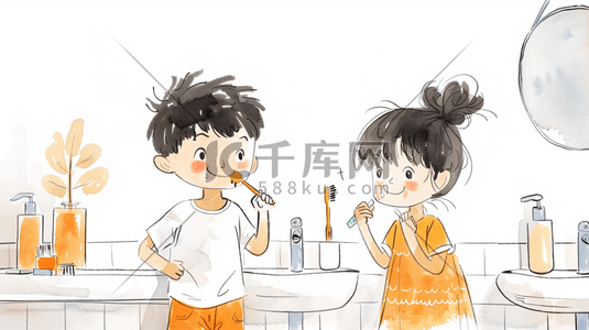 洗插画图片_水彩绘画男女孩一起洗漱刷牙的插画5