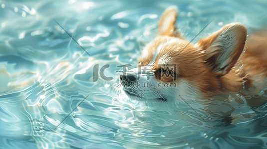 蓝色水纹插画图片_蓝色水纹里可爱狗狗的游泳的插画6