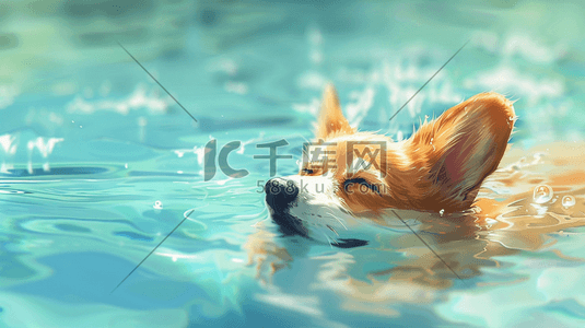 蓝色水纹里可爱狗狗的游泳的插画4