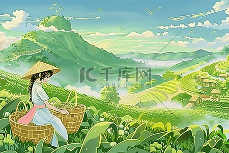 青山白云插画图片_茶园采茶手绘插画海报