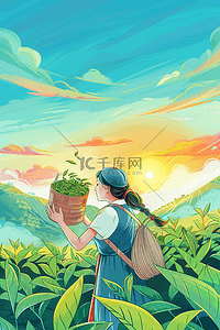 茶叶茶山插画图片_手绘海报采茶茶园女孩农忙素材