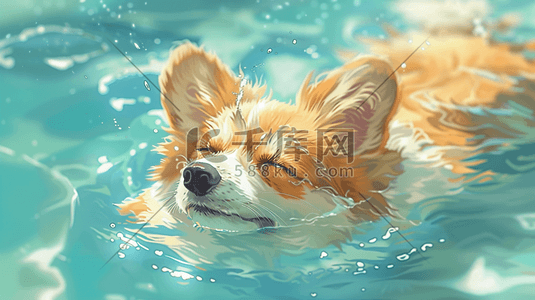 蓝色水纹里可爱狗狗的游泳的插画2