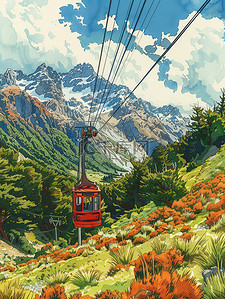 美丽的景区缆车观光插画海报