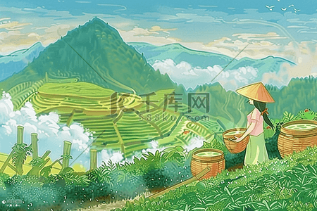 茶叶茶山插画图片_采茶海报茶园手绘插画