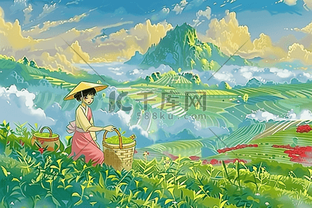 青山白云插画图片_茶园手绘插画采茶海报