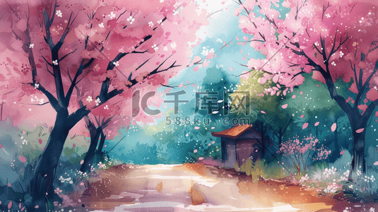 春天户外唯美粉色树木景区景色的插画4