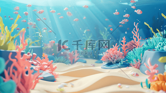 蓝色科技感gif插画图片_蓝色简约海洋海底生物鱼类水草的插画3