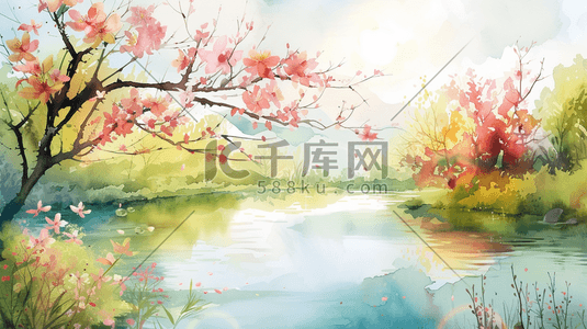 春天户外唯美粉色树木景区景色的插画3