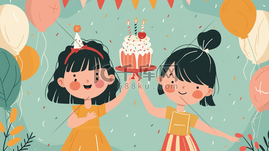 生日聚会插画图片_手绘卡通女孩们生日聚会气球的插画5