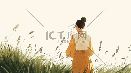 手绘彩色草坪美丽女孩欣赏的插画5