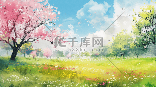 春天户外唯美粉色树木景区景色的插画16