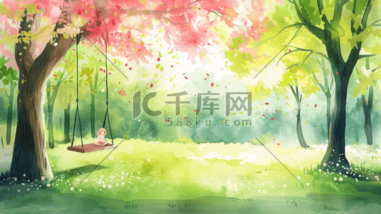 春天户外唯美粉色树木景区景色的插画11