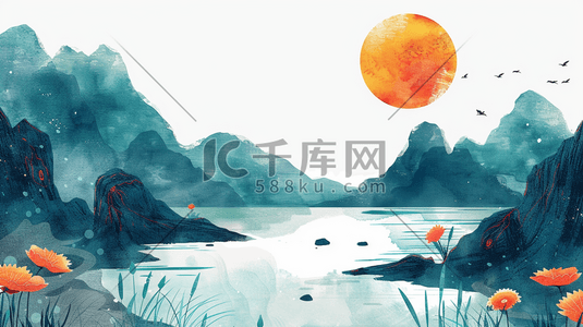 中国风山水风景手绘插画0