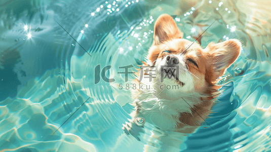 蓝色水纹里可爱狗狗的游泳的插画11