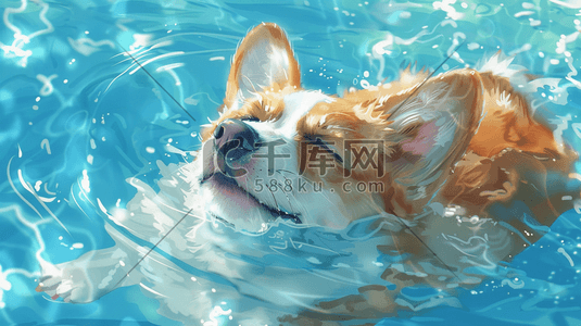 蓝色水纹里可爱狗狗的游泳的插画5