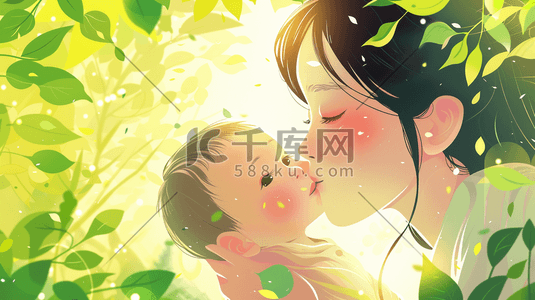春天简约绿色景色母亲亲吻宝宝的插画3