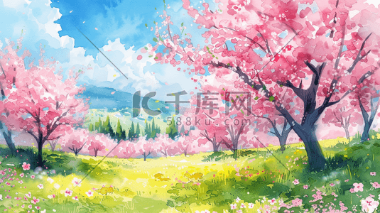 春天户外唯美粉色树木景区景色的插画15