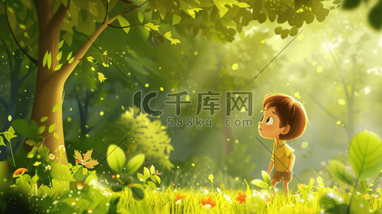 卡通森林插画图片_彩色卡通森林树木场景孩童探险的插画5