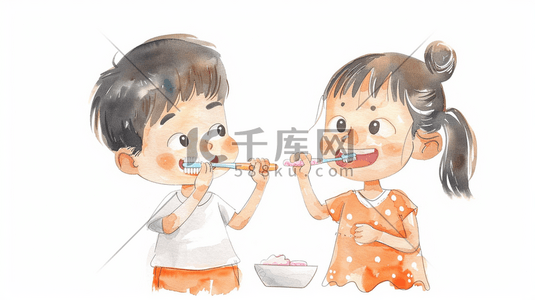 军人起床洗漱图插画图片_水彩绘画男女孩一起洗漱刷牙的插画6