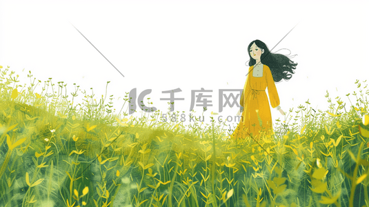 绿色服装插画图片_手绘彩色草坪美丽女孩欣赏的插画89