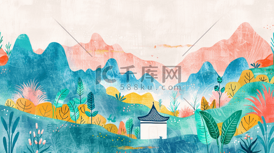 中国风山水风景手绘插画5