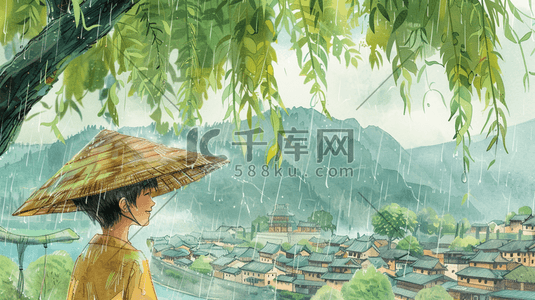 手绘下雨树下男孩带斗笠的插画1