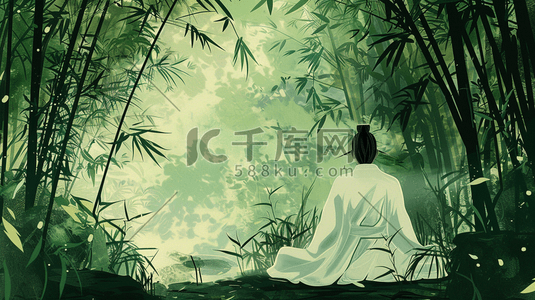 绿色森林里古风古装人士打坐的插画8