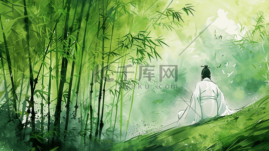 绿色森林里古风古装人士打坐的插画7