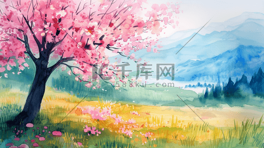 春天户外唯美粉色树木景区景色的插画9