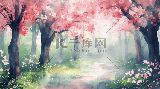 春天户外唯美粉色树木景区景色的插画14