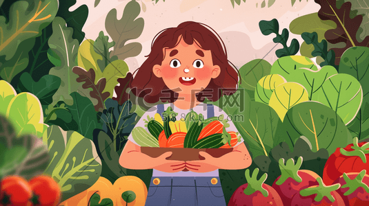 彩色手绘女孩拿水果蔬菜的背景3素材