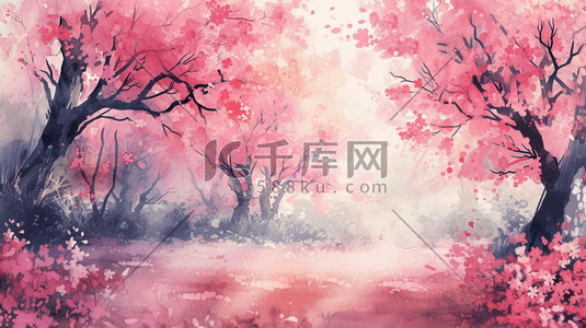 粉色8插画图片_春天户外唯美粉色树木景区景色的插画8