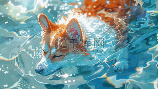 蓝色水纹里可爱狗狗的游泳的插画9