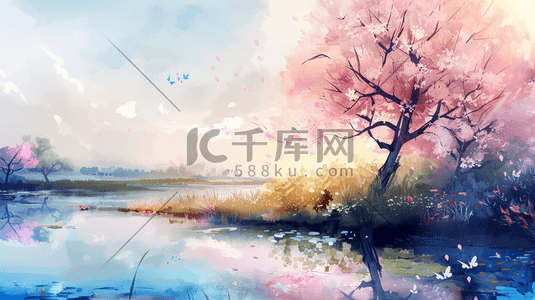 春天户外唯美粉色树木景区景色的插画1