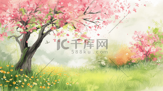 春天户外唯美粉色树木景区景色的插画5