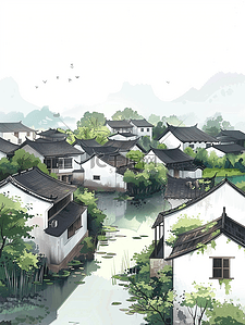 烟雨江南古建筑风景插画-