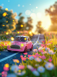 春天鲜花海报插画图片_春天鲜花可爱的粉红色汽车插画海报