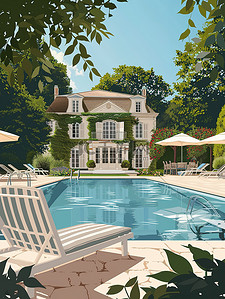 游泳池躺椅插画图片_别墅躺椅和遮阳伞的室外游泳池插画海报