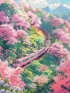 开往春天的列车樱花插画设计