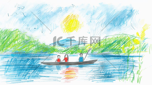春季划船游玩儿童手绘插画6