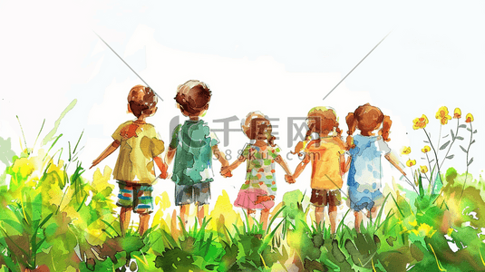 彩色手绘户外草坪草地儿童开心玩耍插画12