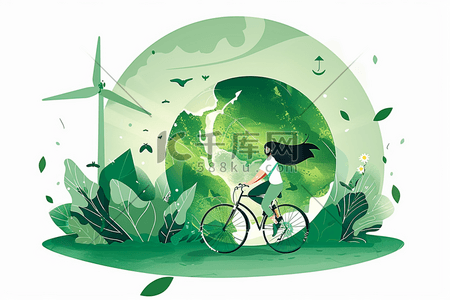 骑自行车绿色插画图片_插画地球环保日绿色手绘扁平