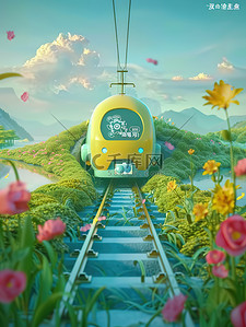 浪漫的海报插画图片_春暖花开的轨道上的地铁插画海报