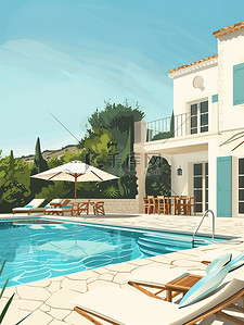 别墅插画图片_别墅躺椅和遮阳伞的室外游泳池插画素材