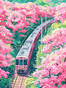 列车插画图片_开往春天的列车樱花插画素材