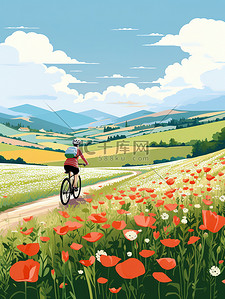 花开的插画图片_春天花开的田园上骑行插图