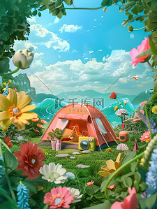 露营帐篷鲜花环绕插画海报