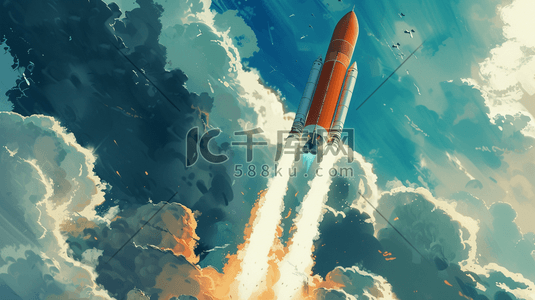科技插画图片_彩色手绘航天科技飞船发射的插画3