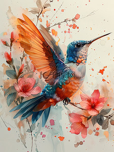 蜂鸟英蛾插画图片_春天花朵和蜂鸟水彩画插画素材