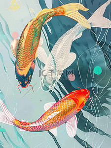 2条金鱼游泳线条艺术插画设计